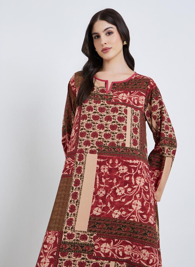 Amirah Women Floral Print Notch Neck A-Line Jalabiya - Image 1